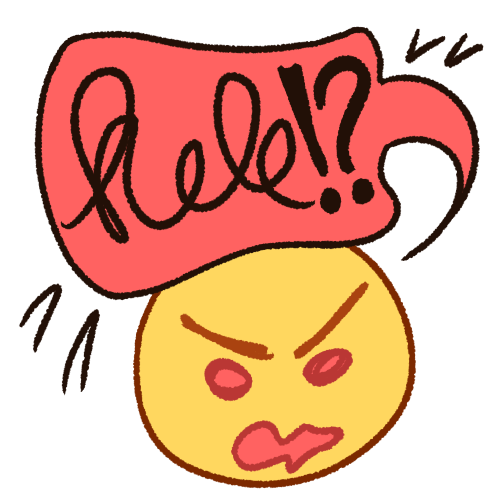 A drawing of an emoji yellow head with a very angry face, with furrowed eyebrows and an open mouth. Above them is a pink speech bubble containing a fake scribbled word with an exclamation point and question mark after it. There are four V-shaped emphasis marks around the speech bubble. The symbol is sketchy and the lines are loose.